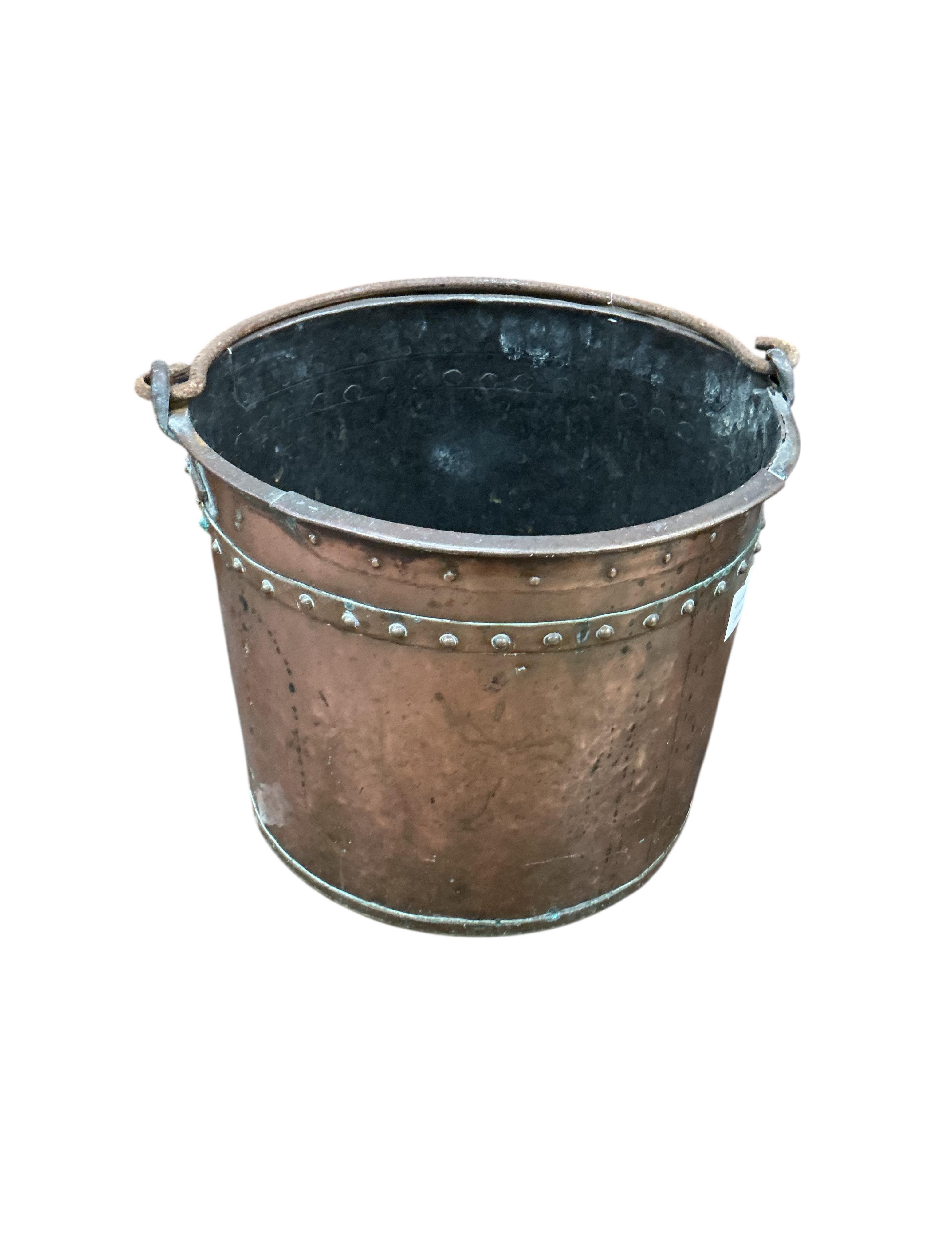 A near pair of 19th century copper coal buckets, larger diameter 35cm, height 30cm